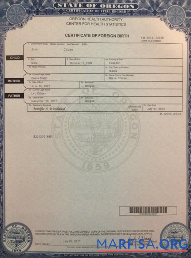 Printable USA Oregon birth cert template